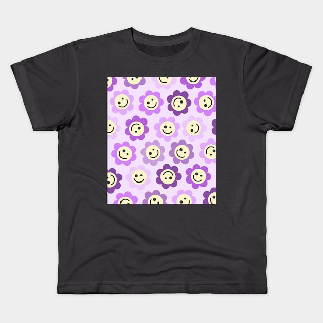 Purple Flower Happy Faces Kids T-Shirt by gray-cat